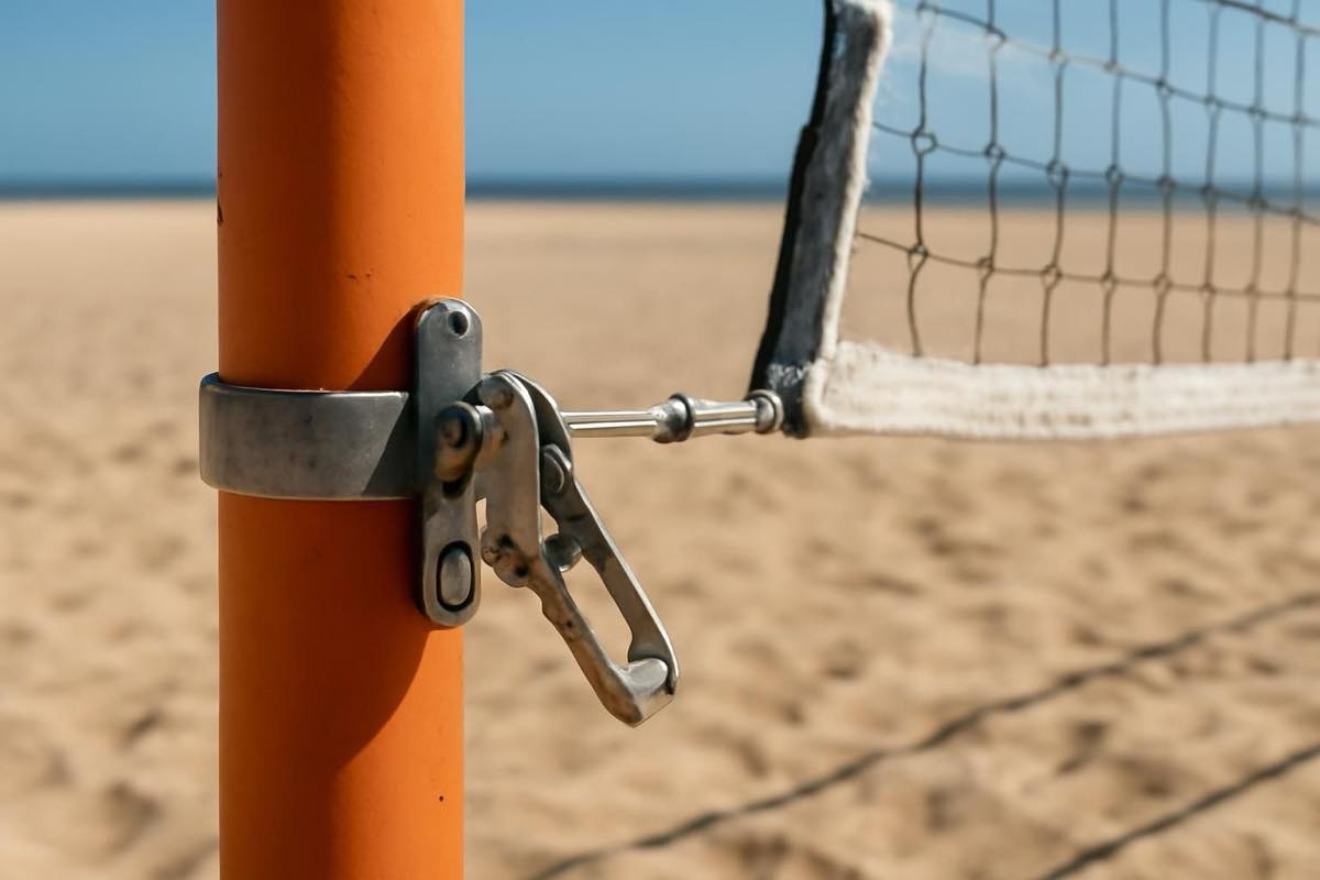 Detalhe do cabo de aço apertado na rede de beach tennis em quadra de areia.