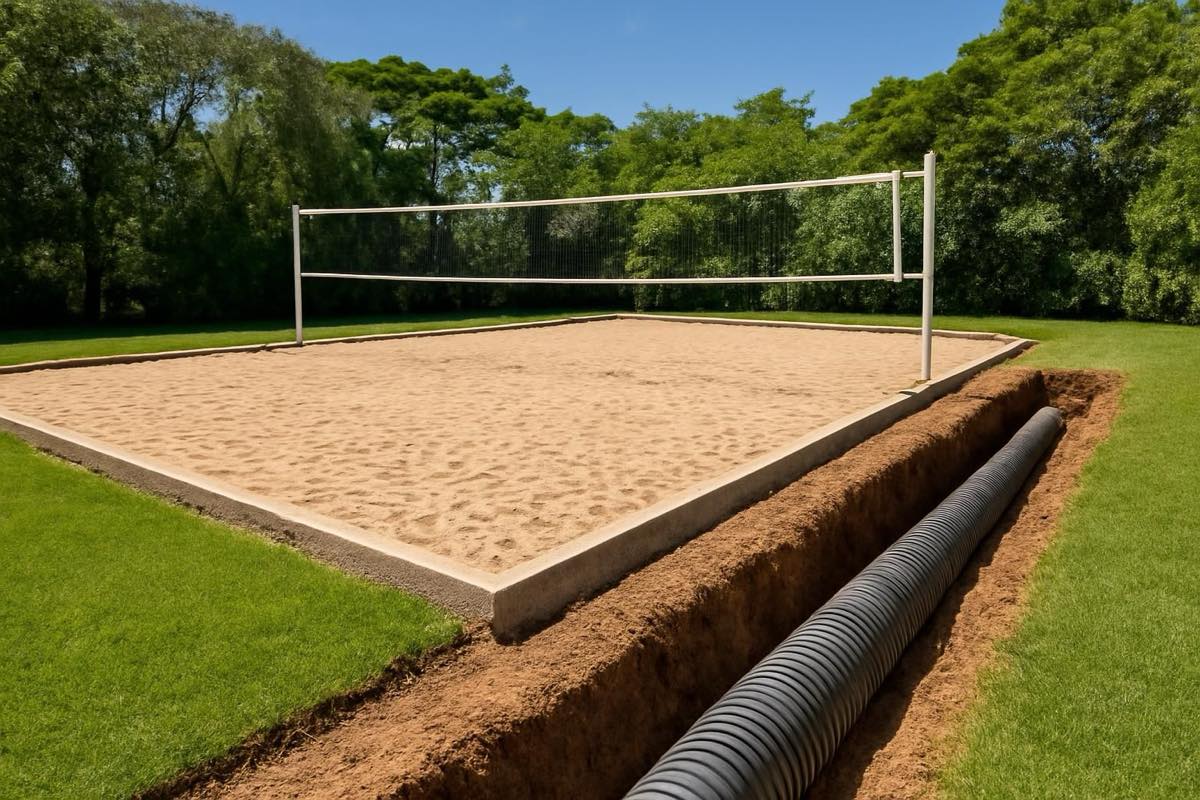 Quadra de areia bem projetada com drenagem em área externa de imóvel