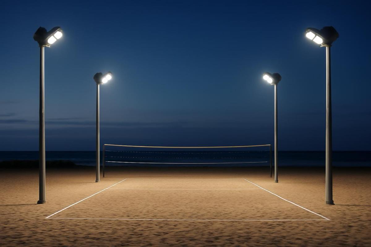 Quadra de beach tennis iluminada à noite por refletores LED em postes metálicos altos.