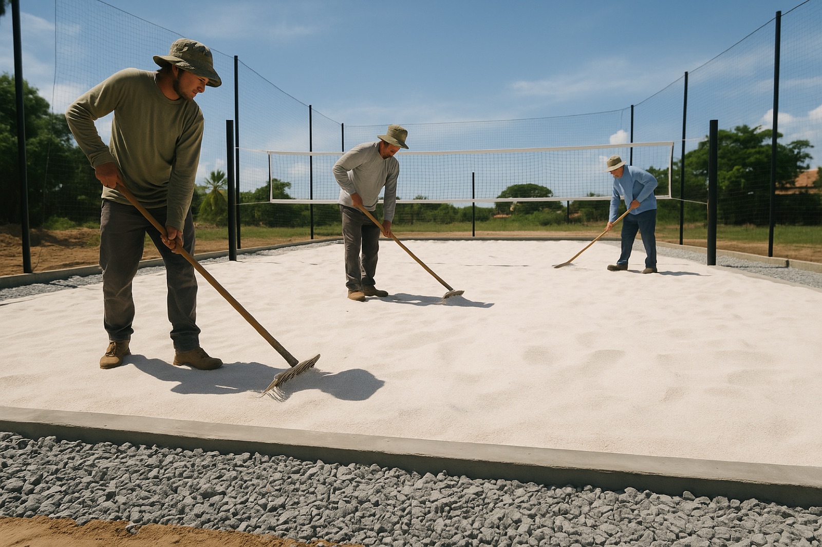 Equipe nivelando a areia de uma quadra de beach tennis em construção
