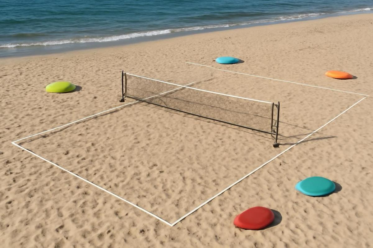 Quadra de beach tennis em saibro com postes telescópicos e área aberta, pronta para jogos múltiplos.