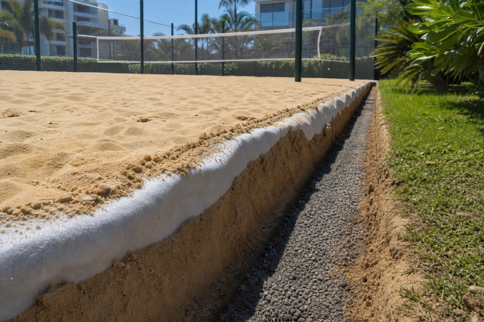 Quadra de beach tennis em condomínio com areia e sistema de drenagem visíveis