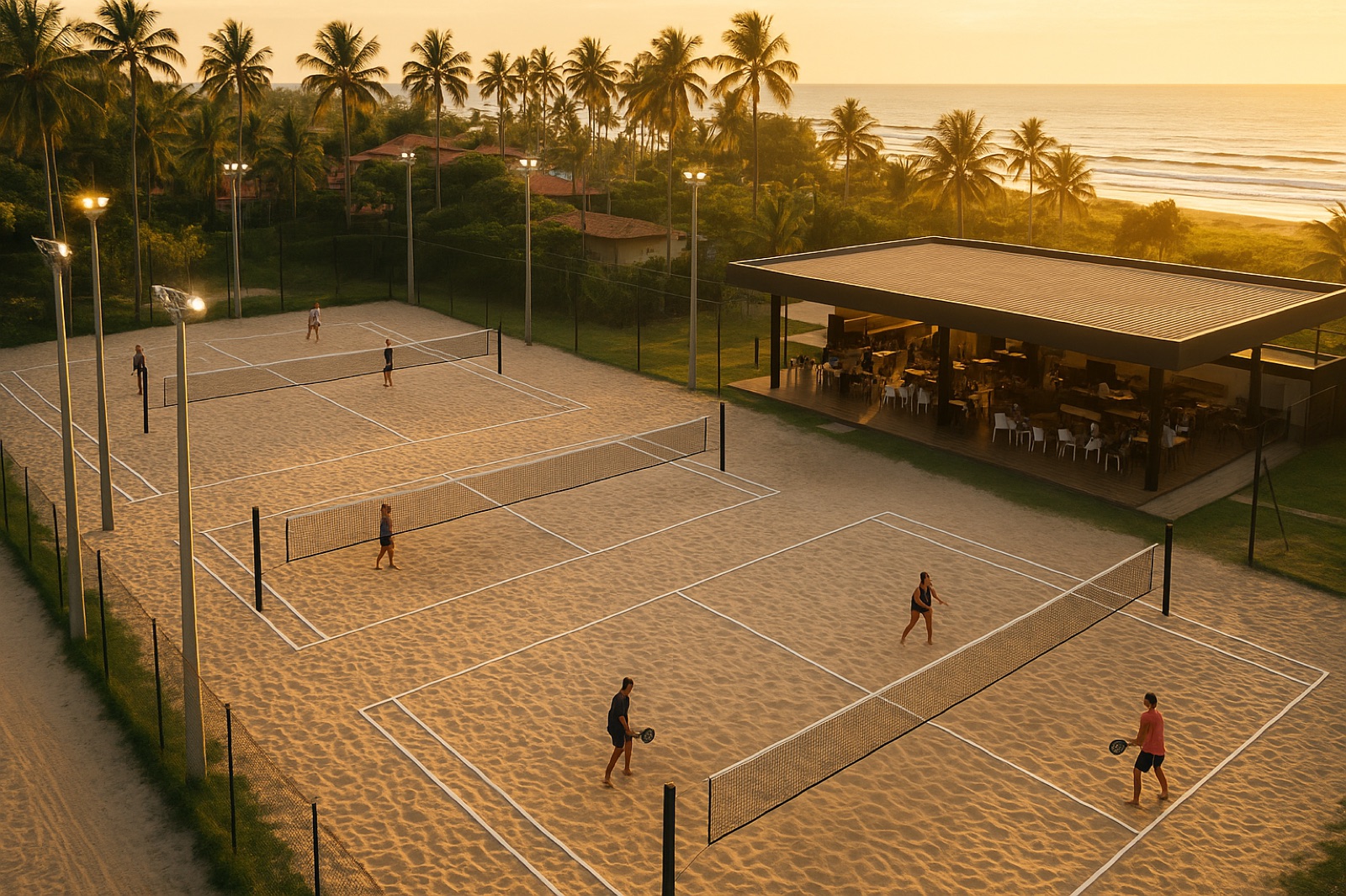 Vista aérea de arena de beach tennis com quadras de areia, iluminação e área de convivência