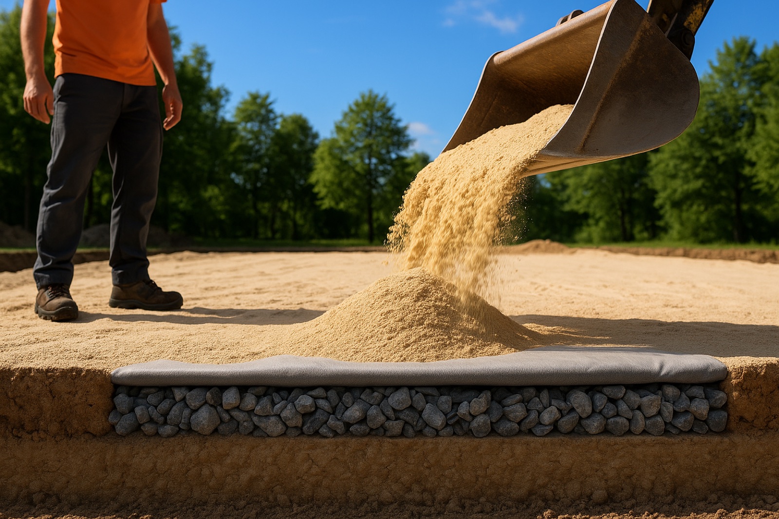 Camadas da quadra de areia: base compactada, brita de drenagem, manta e areia