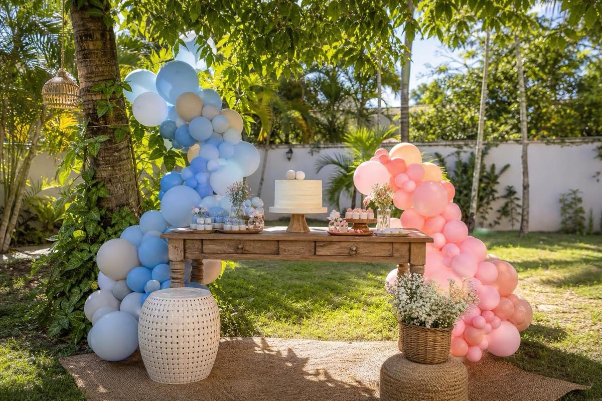 Detalhes da decoração de chá revelação ao ar livre com balões azul e rosa e bolo no jardim tropical.