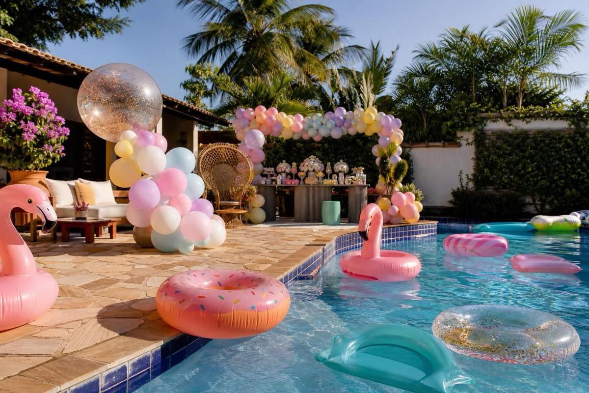 Decoração de festa com balões coloridos e boias à beira da piscina no Espaço Martinica.