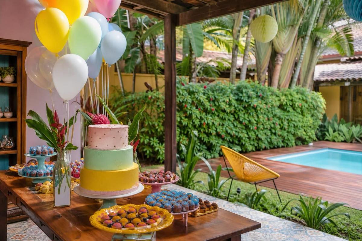 Mesa de festa infantil ao ar livre na varanda com bolo, docinhos e balões coloridos.