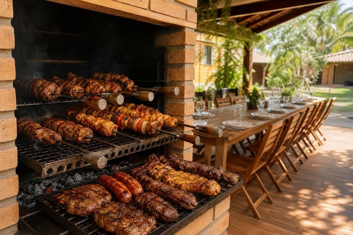Carnes e espetos na churrasqueira com mesa posta ao fundo, em área gourmet coberta do Espaço Martinica.
