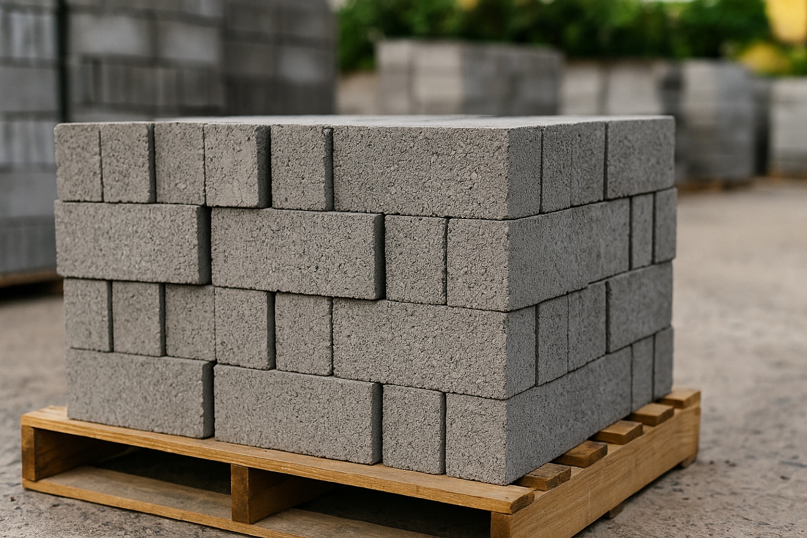 Blocos de concreto de alta resistência empilhados em palete, mostrando textura e uniformidade.