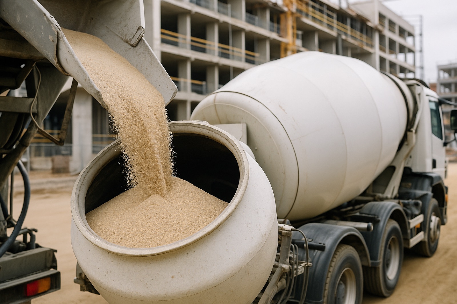 Areia de quartzo limpa sendo carregada para concreto em obra industrial moderna.