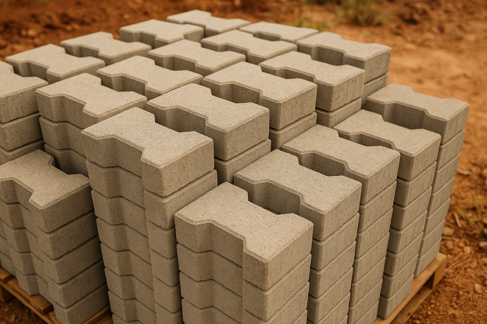 Blocos intertravados de concreto empilhados em obra, prontos para pavimentação em Sorocaba.