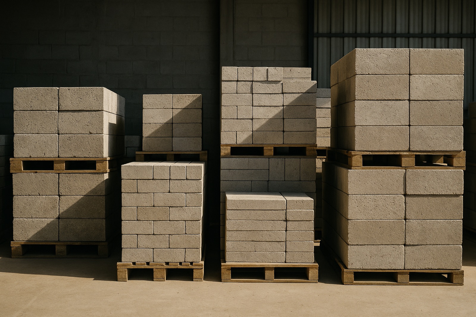 Pilha de blocos de concreto de diferentes tamanhos empilhados em pallets na fábrica