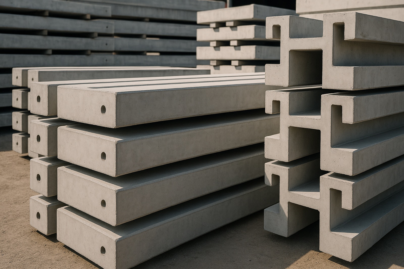 Pilares e vigas pré-fabricados de concreto alinhados em pátio industrial, representando precisão e durabilidade.