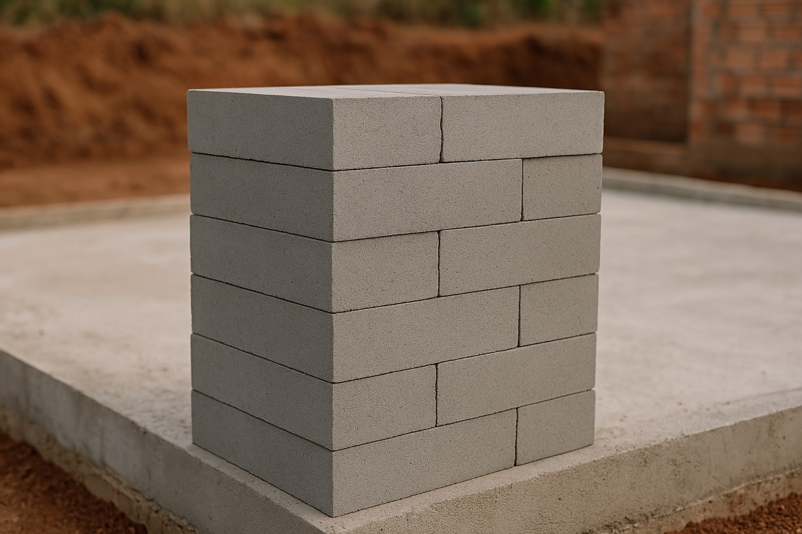 Blocos de concreto cinza empilhados, mostrando alta densidade para alvenaria estrutural.