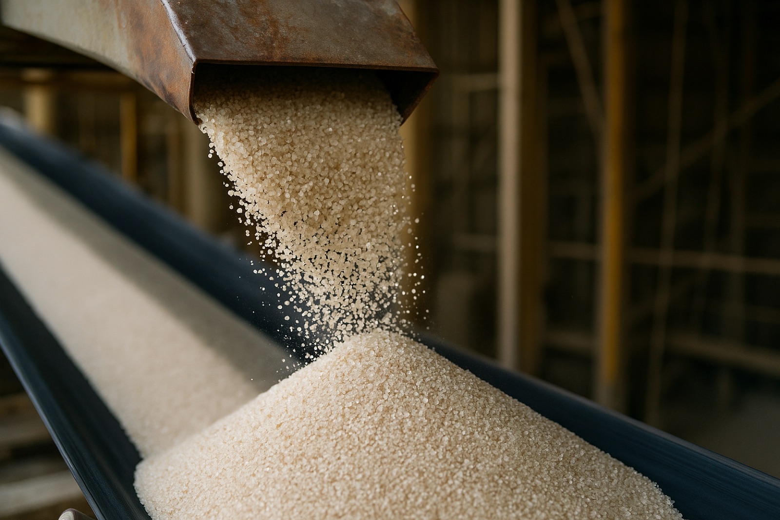 Areia de quartzo limpa e uniforme sendo processada industrialmente para uso na construção.