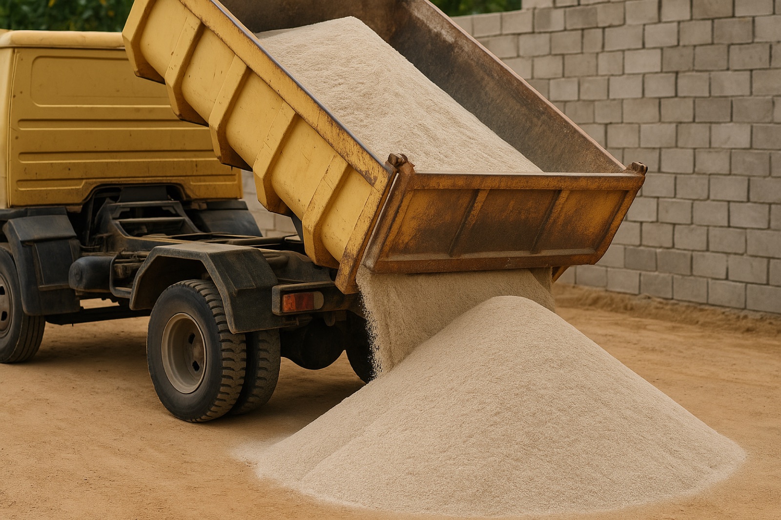 Caminhão descarregando areia de quartzo limpa em obra com blocos de concreto ao fundo.
