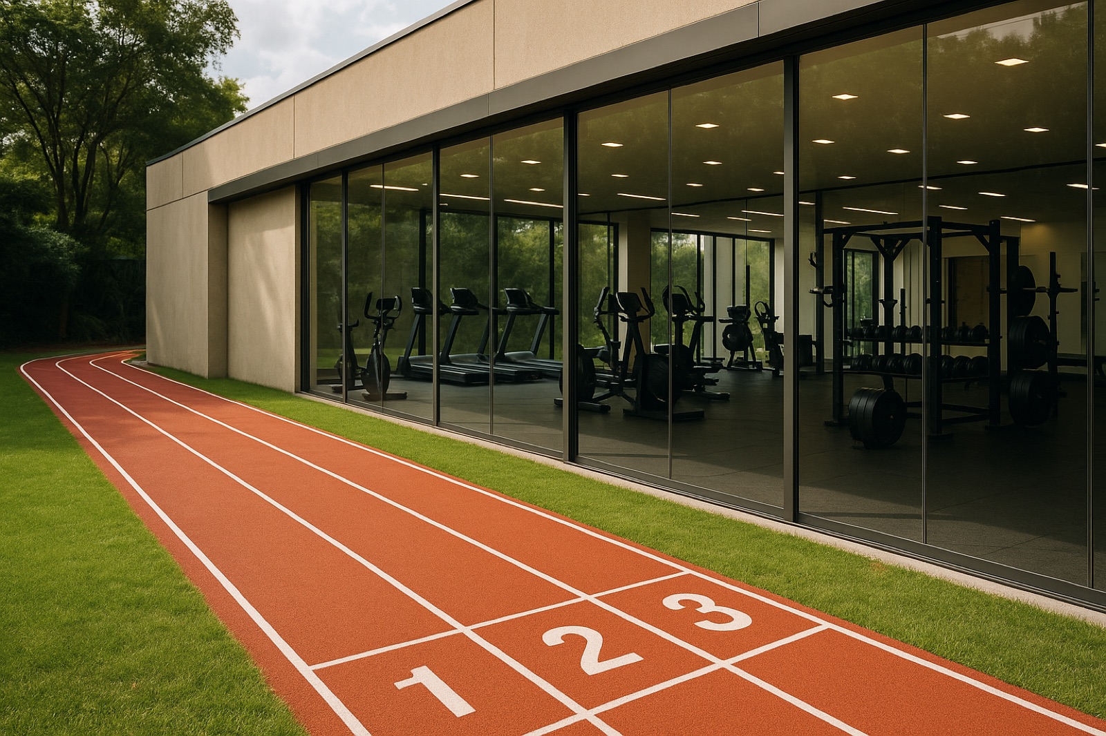 Pista de corrida ao lado de estúdio moderno com equipamentos de musculação, simbolizando assessoria completa