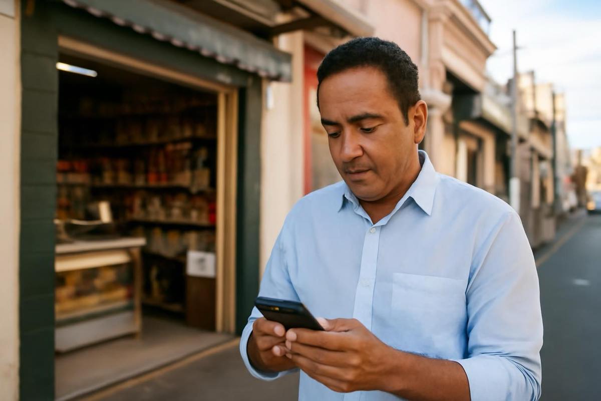 Dono de loja em Sorocaba consulta informações no celular na frente do comércio local.