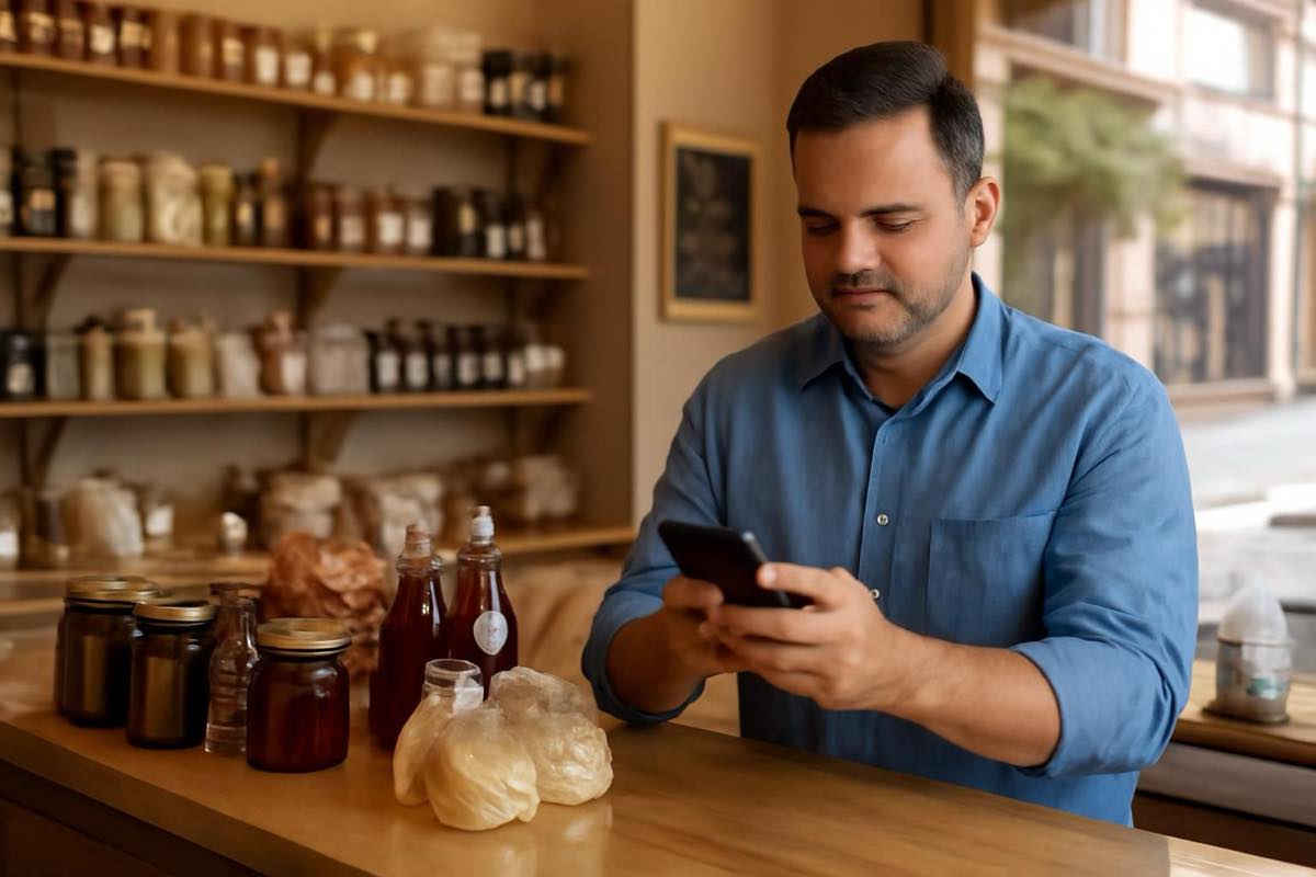 Empresário em Sorocaba atende mensagens no celular no balcão da loja, destacando agilidade no WhatsApp.