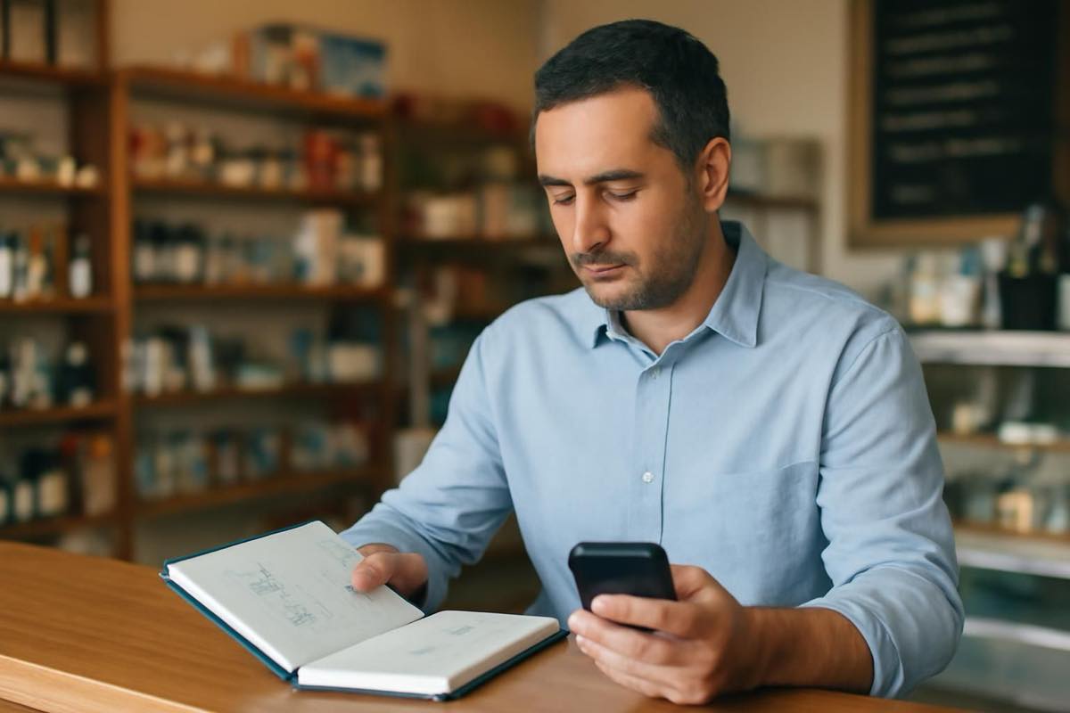Dono de loja em Sorocaba anotando resultados do marketing com celular na mão.