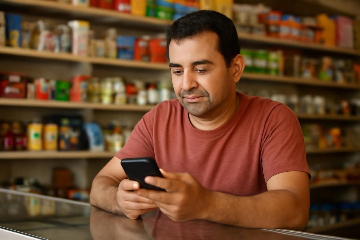 Proprietário de comércio em Sorocaba usando smartphone para atendimento via WhatsApp com IA.