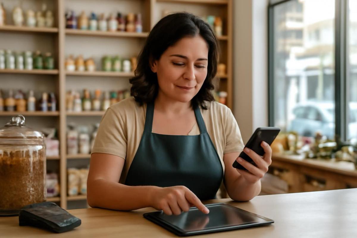 Pequeno empresário em balcão de loja em Sorocaba, conferindo presença digital no celular e tablet.