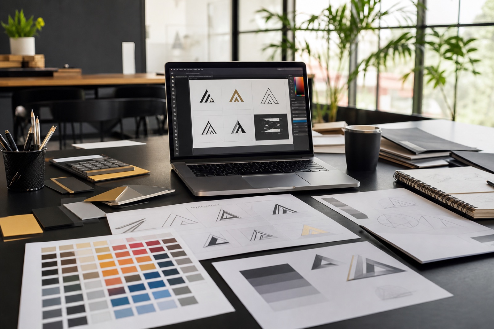 Espaço de trabalho organizado com esboços de logos e paletas de cores para identidade visual.