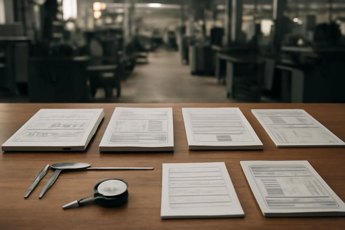 Mesa organizada com documentos técnicos e instrumentos de medição em ambiente industrial calmo.