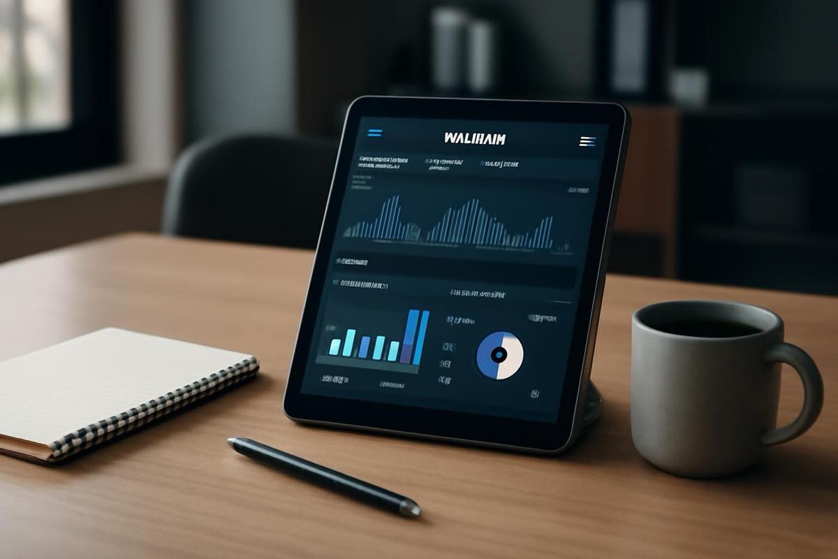 Mesa organizada com tablet mostrando dados do Instagram, caderno e café em escritório moderno.