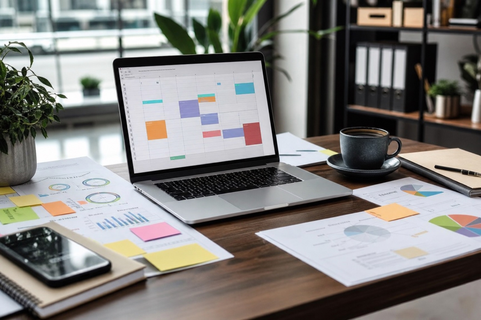 Mesa organizada com laptop e anotações de estratégias para plano de marketing anual