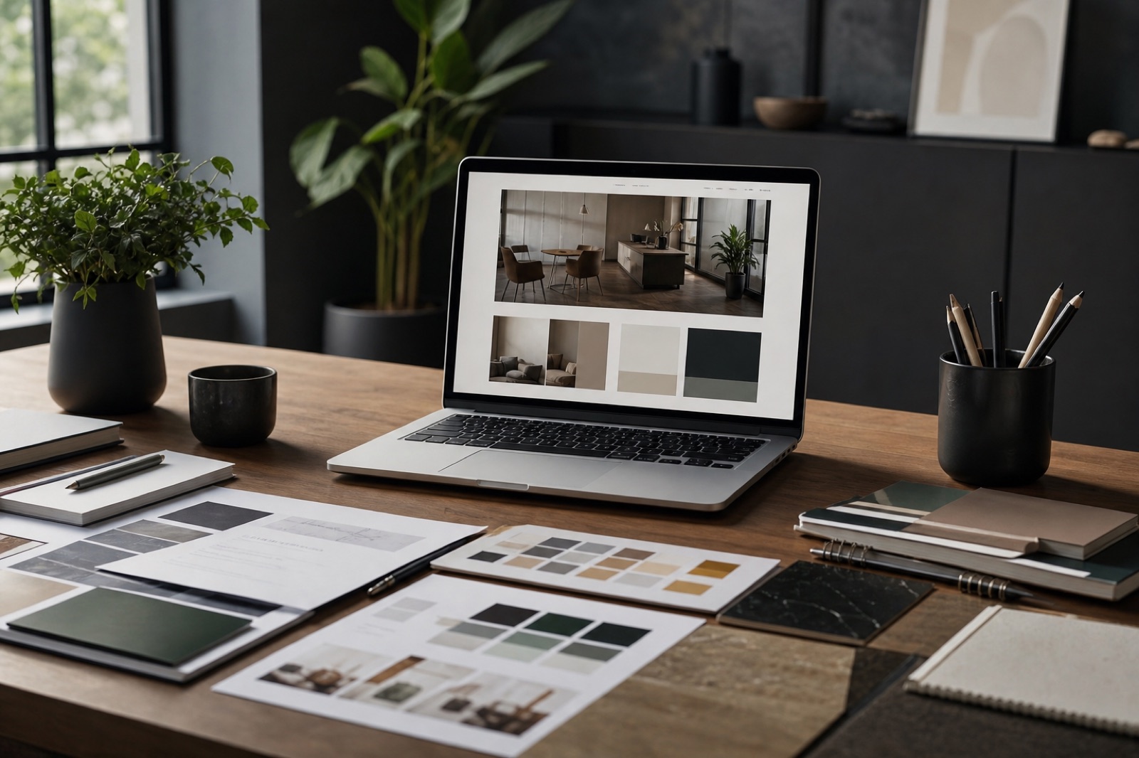 Mesa de escritório com materiais de branding, amostras de cores e layout de site no computador.