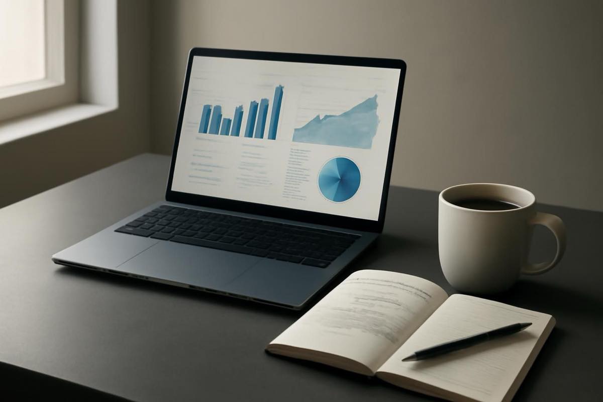 Mesa de escritório com laptop, gráficos de marketing, caderno e café, ambiente de trabalho calmo.