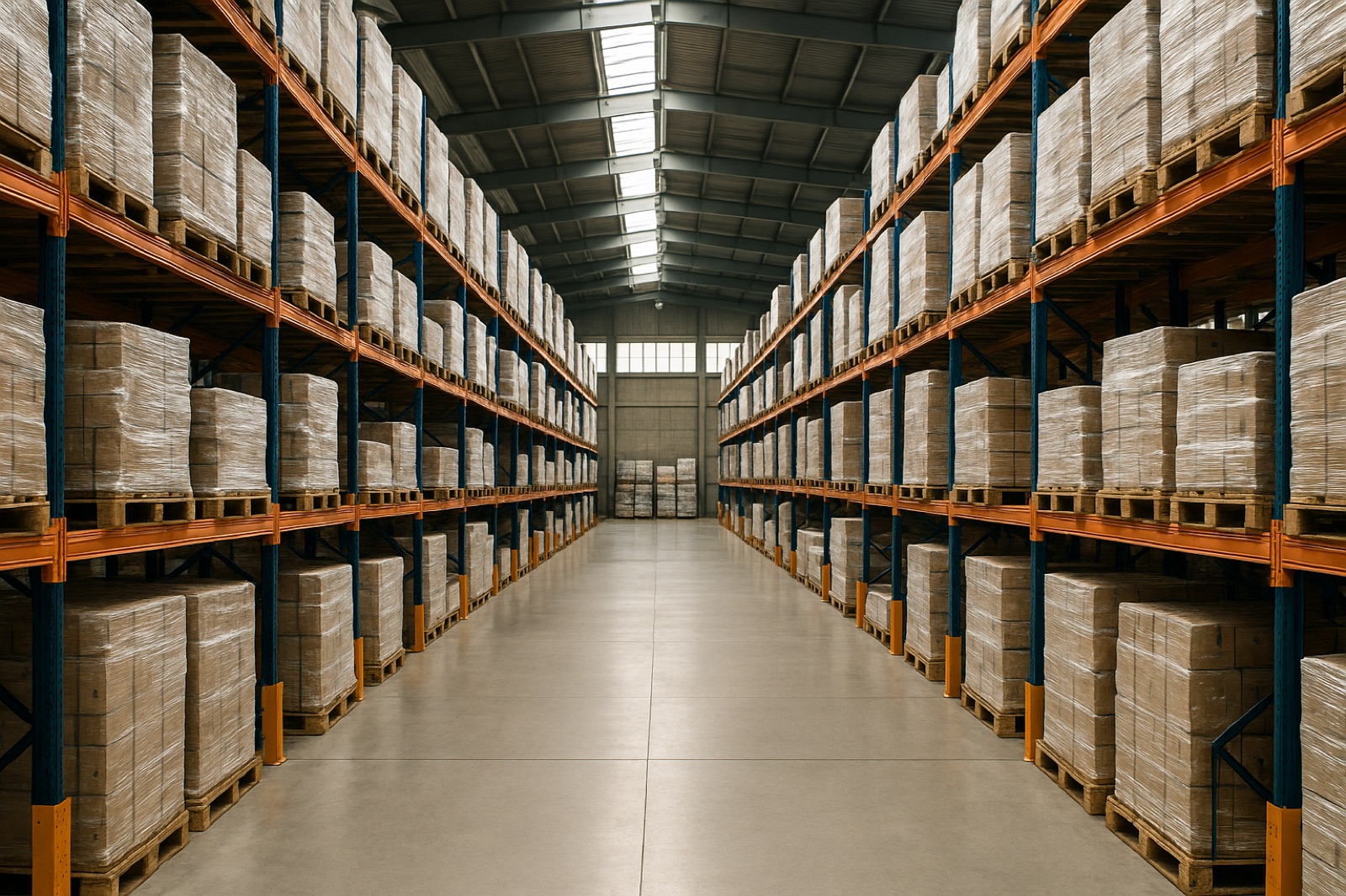 Armazém amplo e organizado com pallets empilhados, representando eficiência logística.