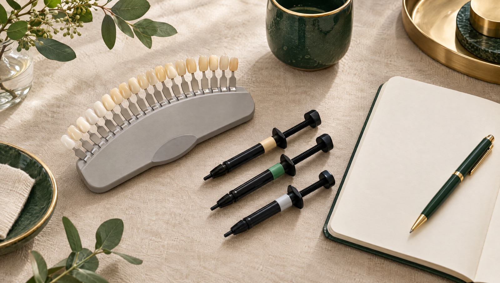 Escala de cores dental, seringas de resina composta e caderno sobre mesa de linho bege, representando o planejamento do tratamento