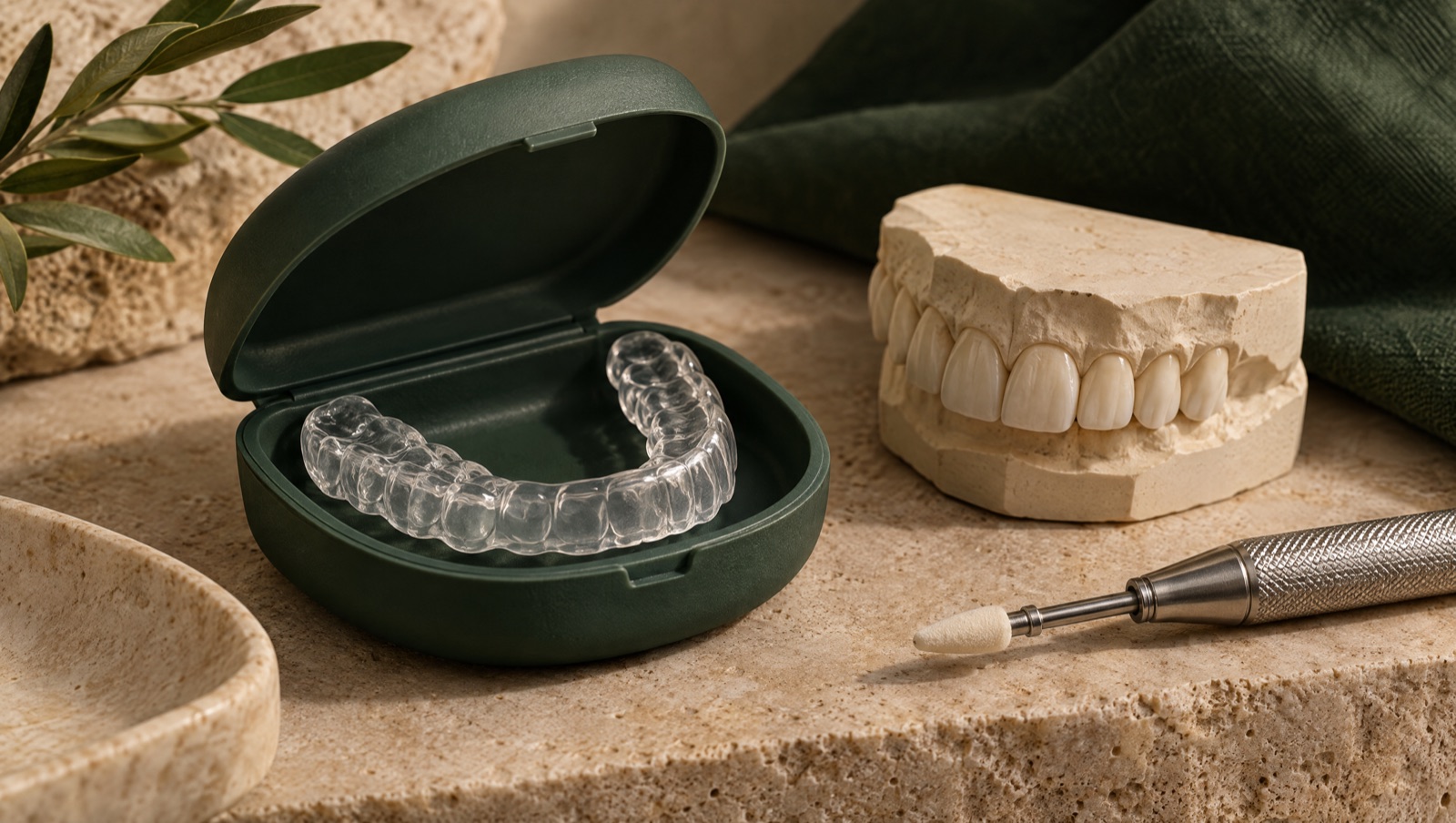 Placa de proteção noturna transparente em estojo verde ao lado de um modelo de dentes e de um instrumento de polimento