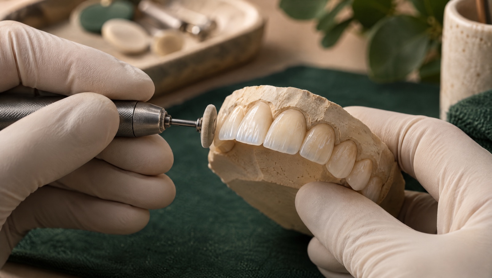 Mãos de dentista com luvas polindo um modelo de dentes anteriores feitos em resina composta