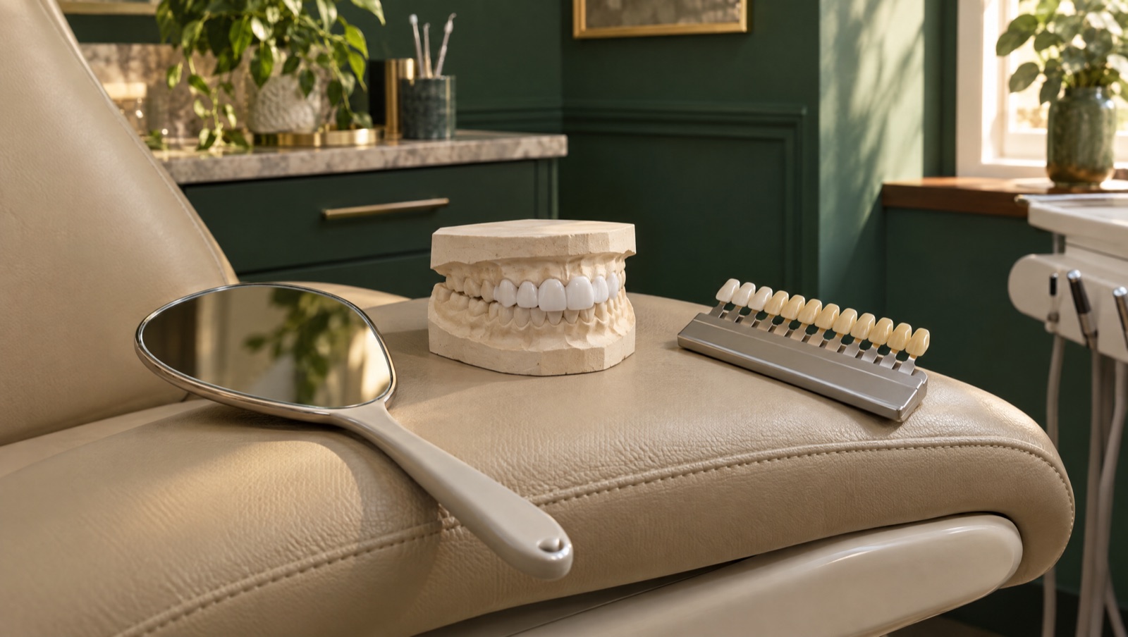 Espelho de mão sobre a cadeira odontológica, modelo de dentes com ensaio em boca (mock-up) e escala de cores